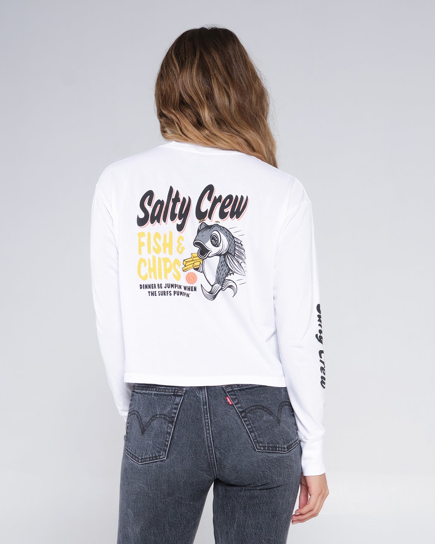 bottom view of Fish N Chips White L/S Crop Tee
