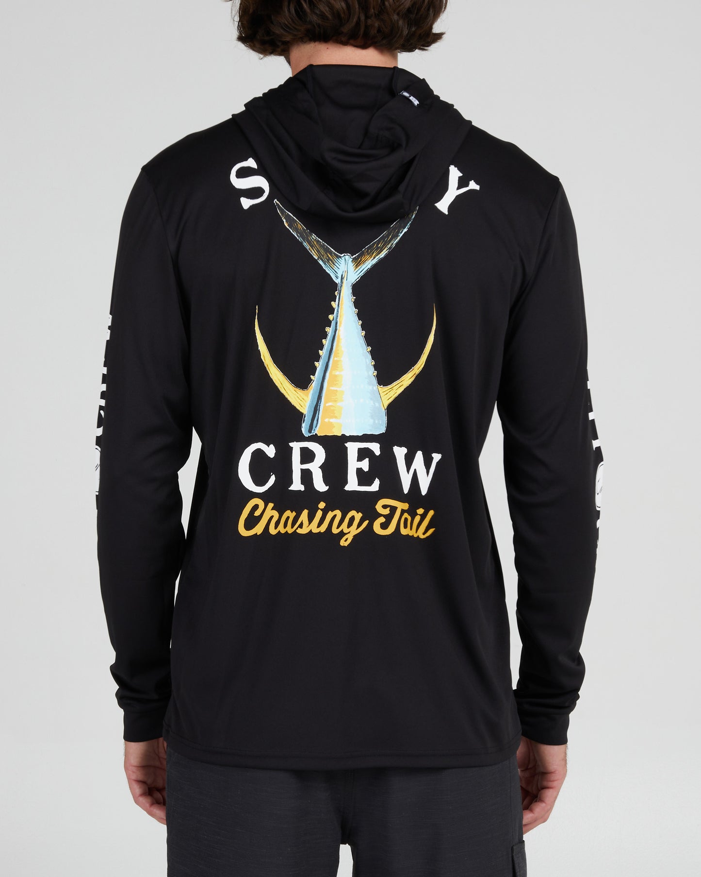 back view of Tailed Black Hood Sunshirt