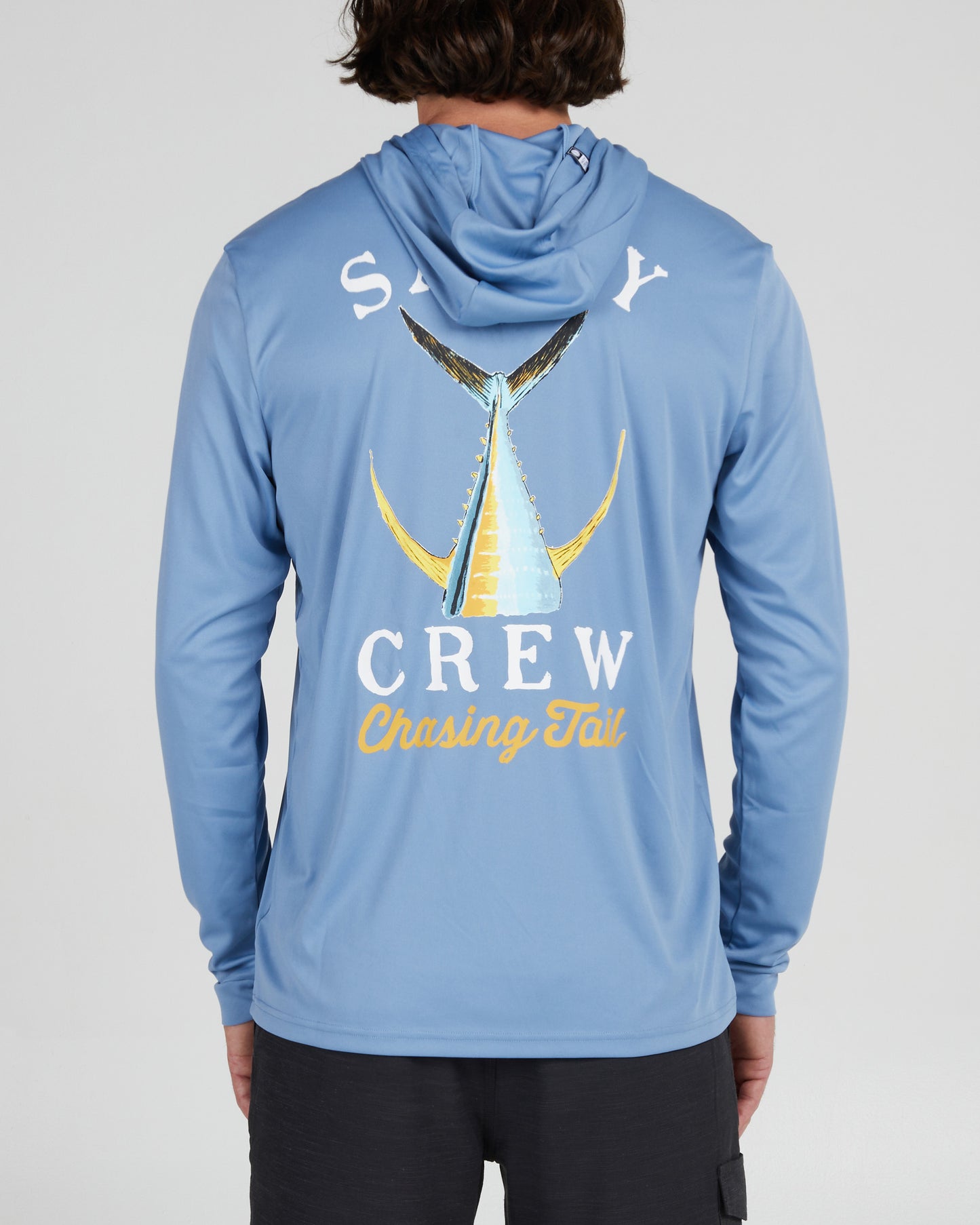 back view of Tailed Marine Blue Hood Sunshirt