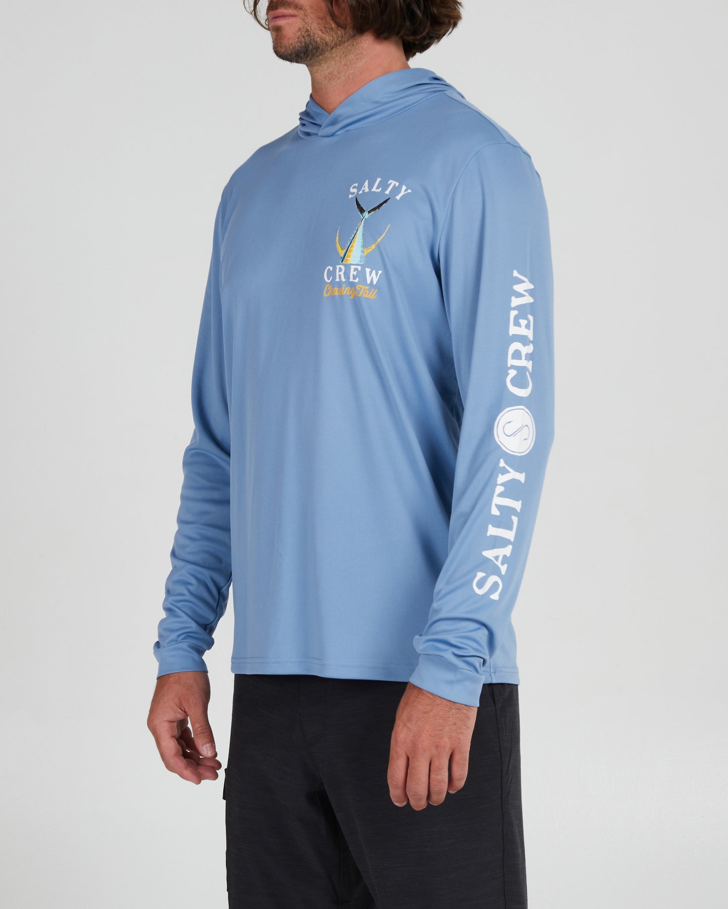front angled Tailed Marine Blue Hood Sunshirt