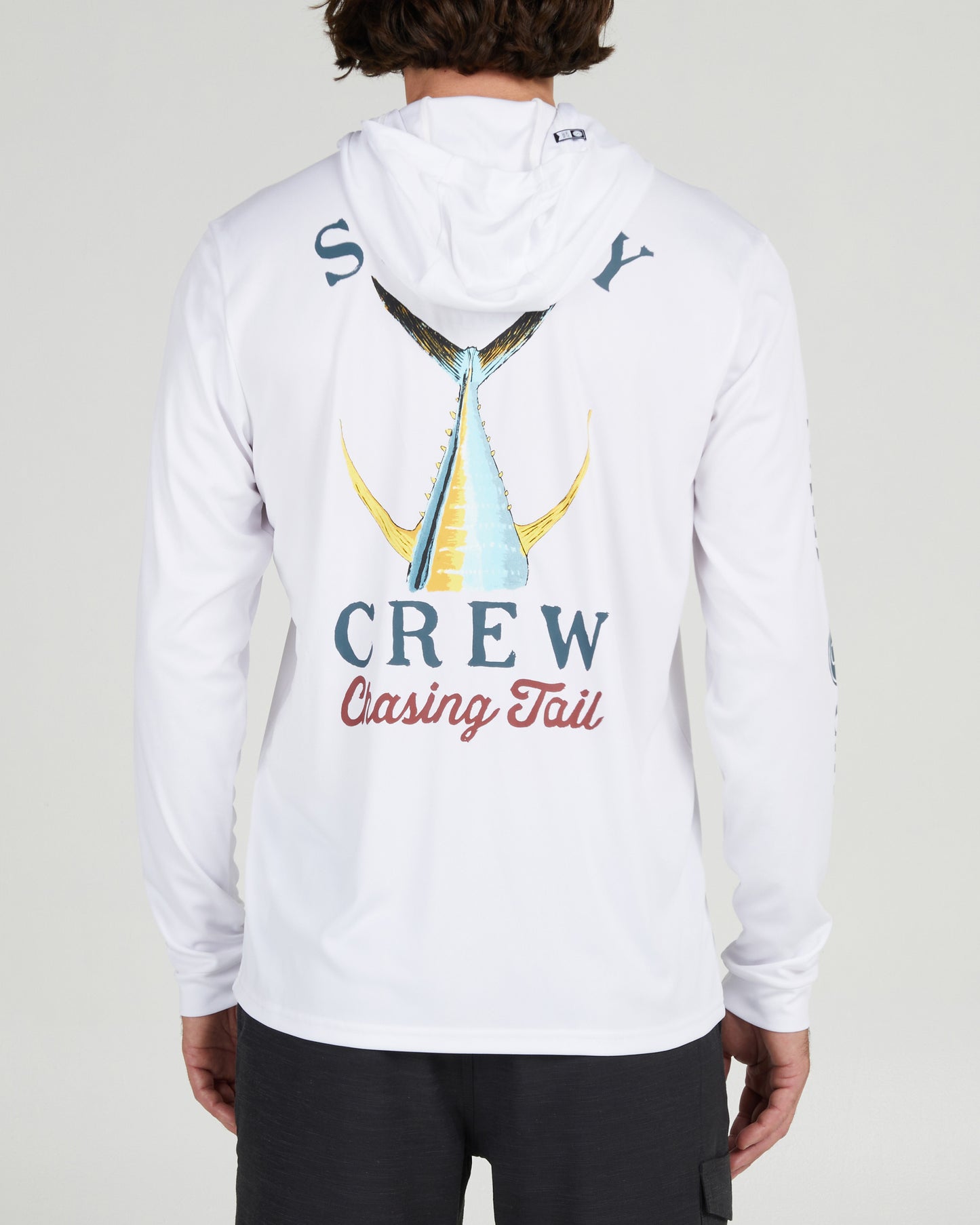 back view of Tailed White Hood Sunshirt