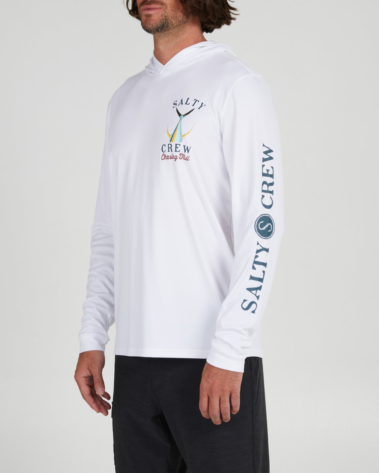 front angled Tailed White Hood Sunshirt