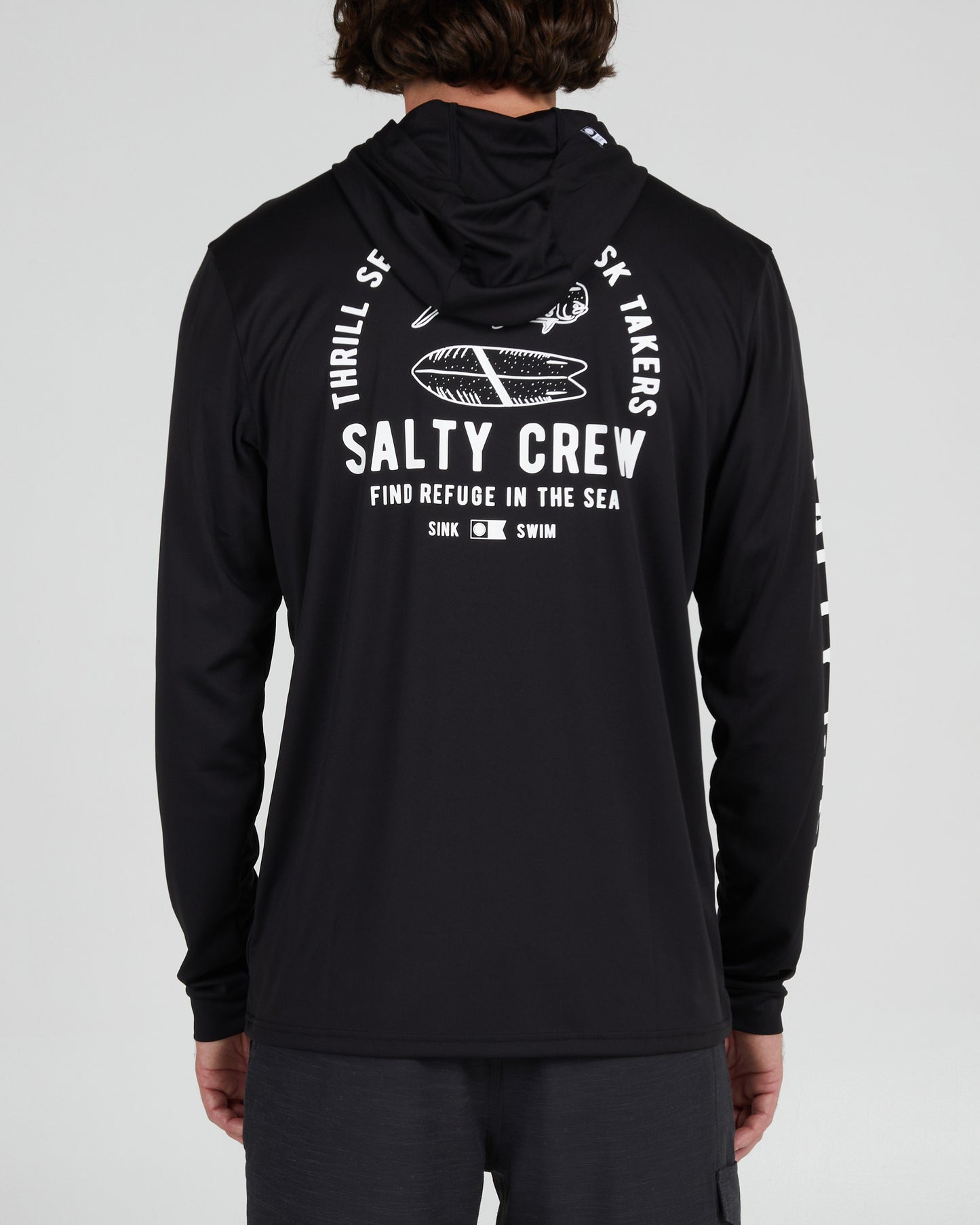 back view of Lateral Line Black Hood Sunshirt