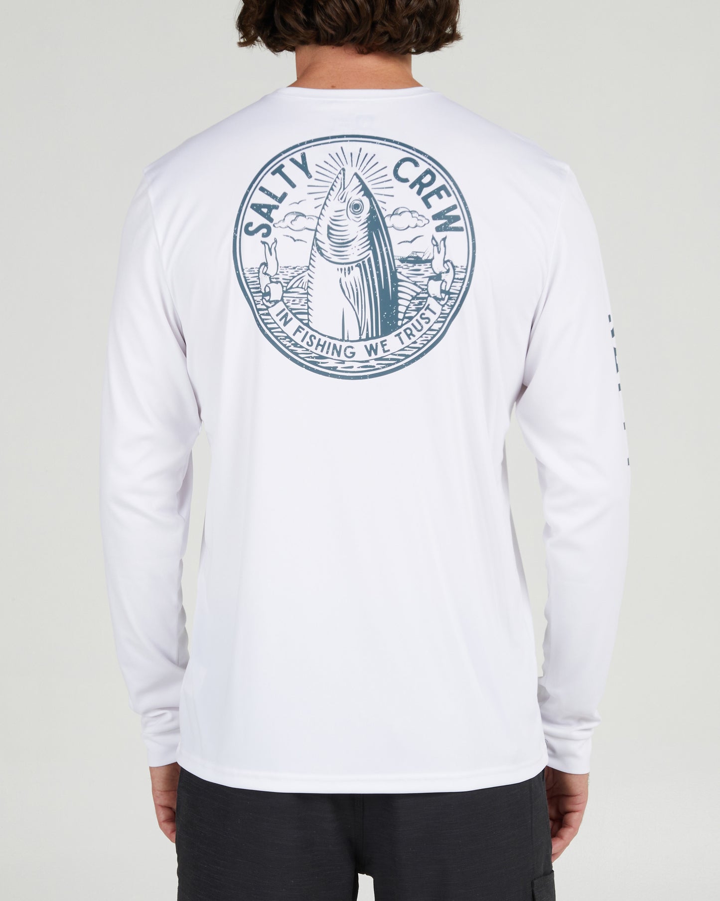 back view of Fishing We Trust White L/S Sunshirt
