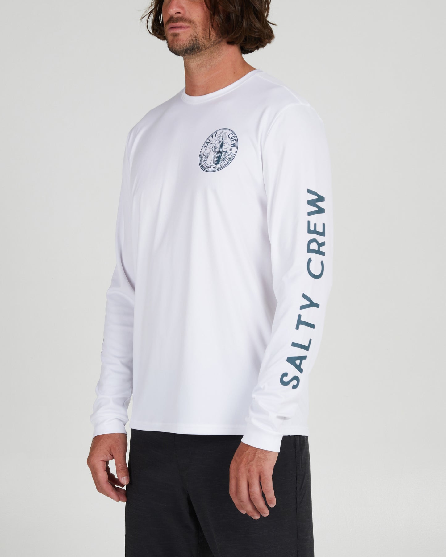 front angled Fishing We Trust White L/S Sunshirt