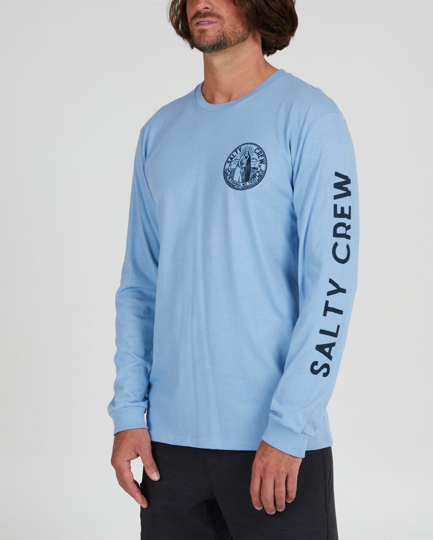 Sleeve detailing of the In Fishing We Trust Marine Blue L/S Premium Tee