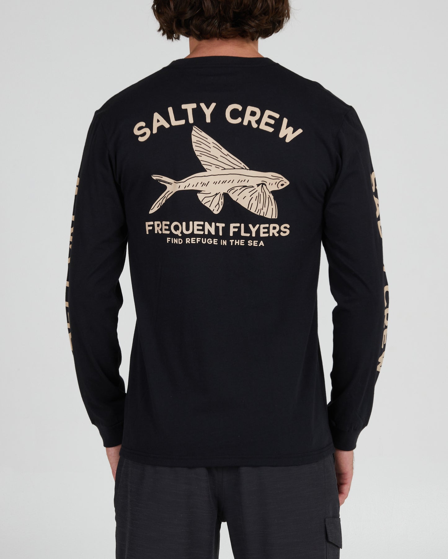 back view of Frequent Flyer Black L/S Premium Tee
