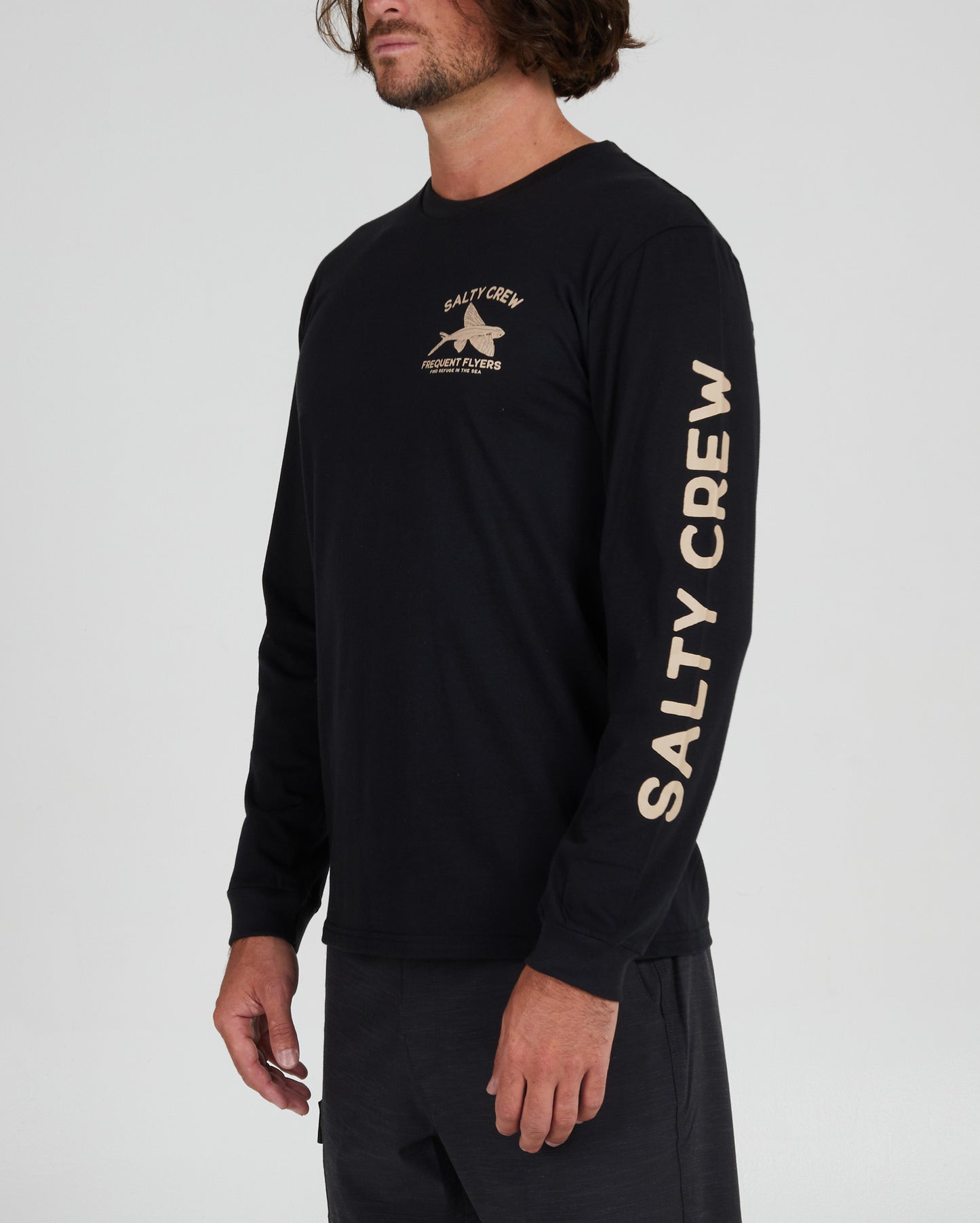 front angled view of Frequent Flyer Black L/S Premium Tee