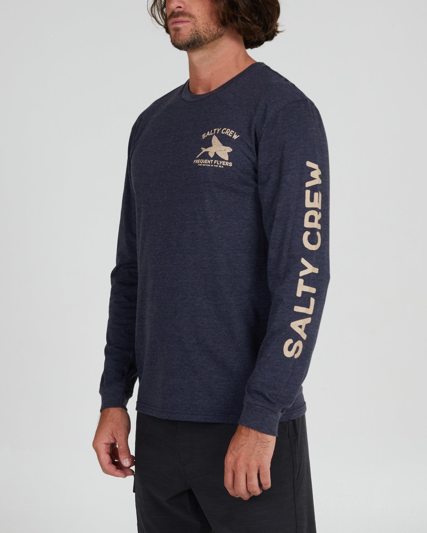 front angled Frequent Flyer Navy Heather L/S Premium Tee