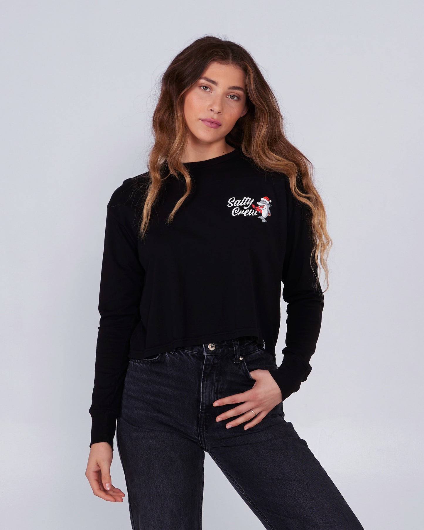 front view of Santa Shark Black L/S Crop Tee