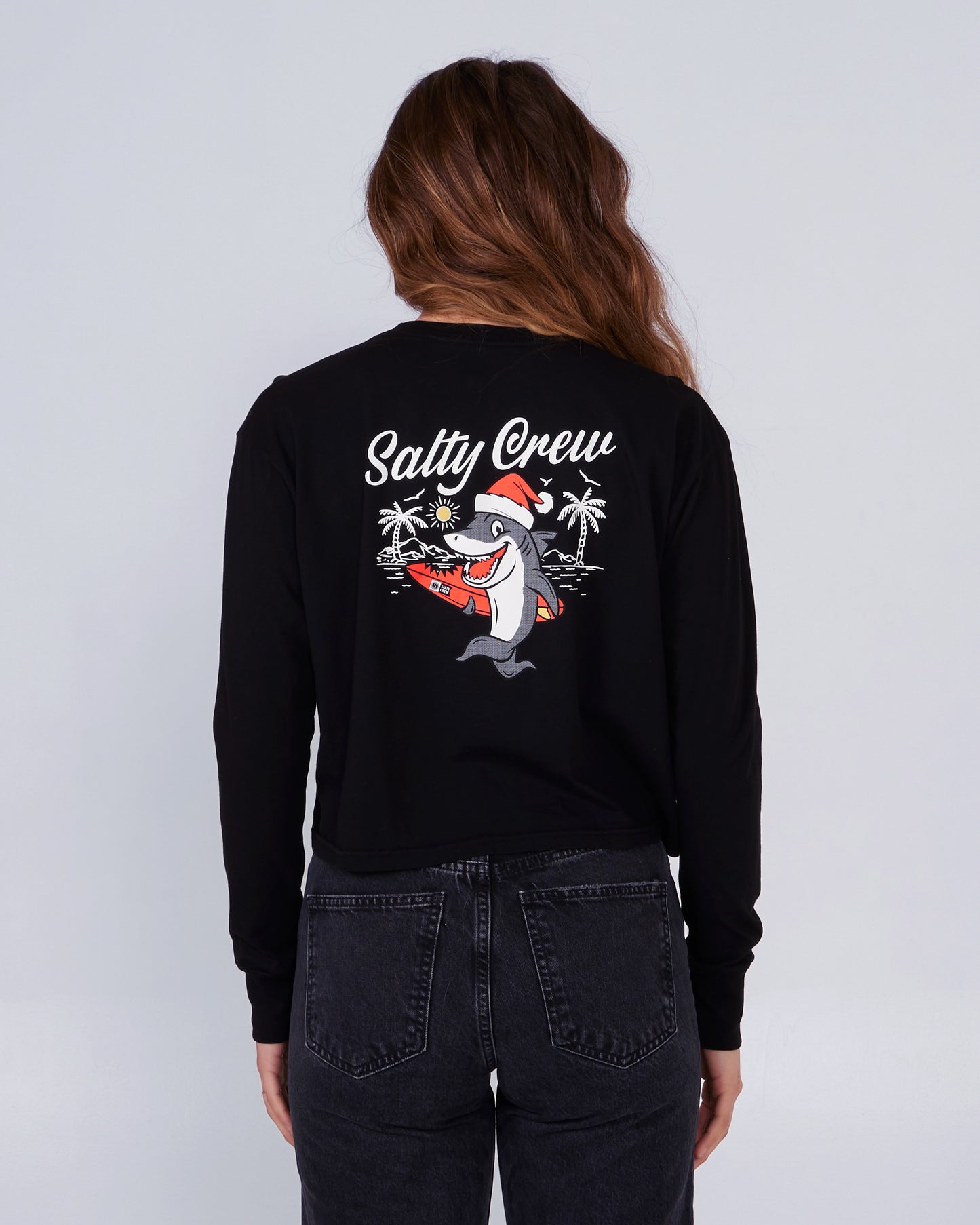 back view of Santa Shark Black L/S Crop Tee