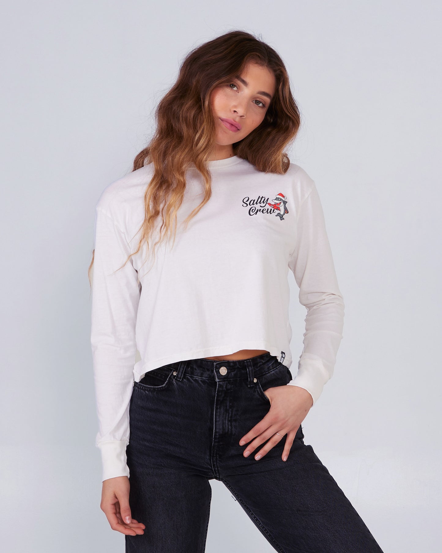 front view of Santa Shark White L/S Crop Tee