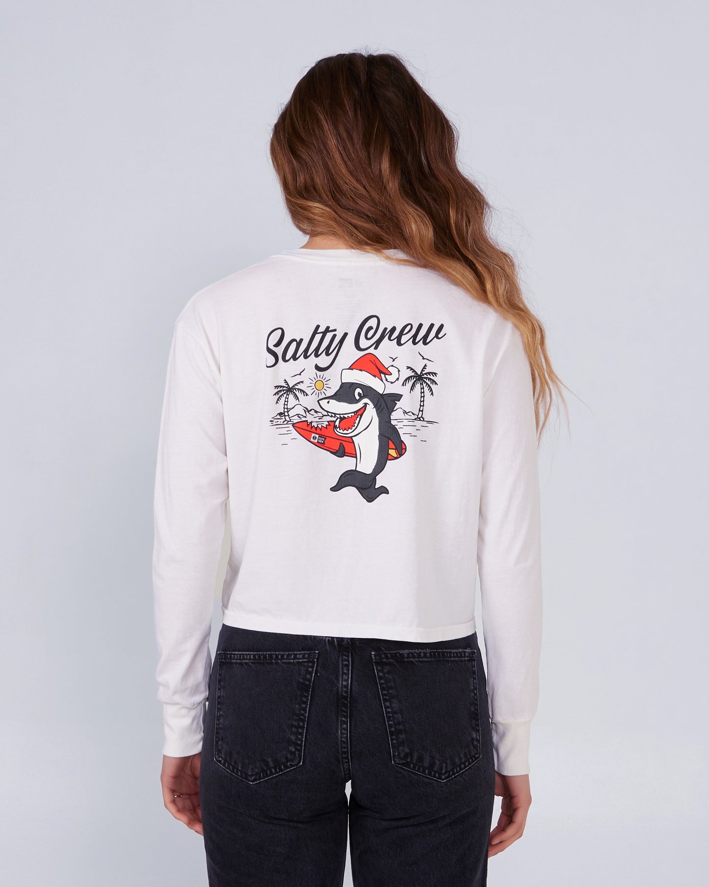 back view of Santa Shark White L/S Crop Tee