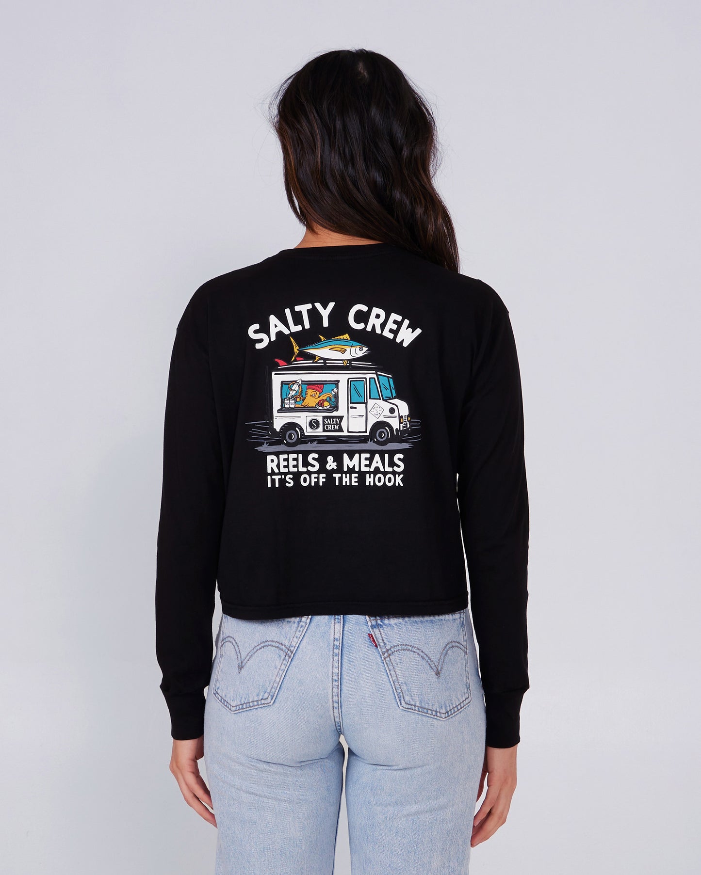 back view of Reels and Meals Black L/S Crop Tee