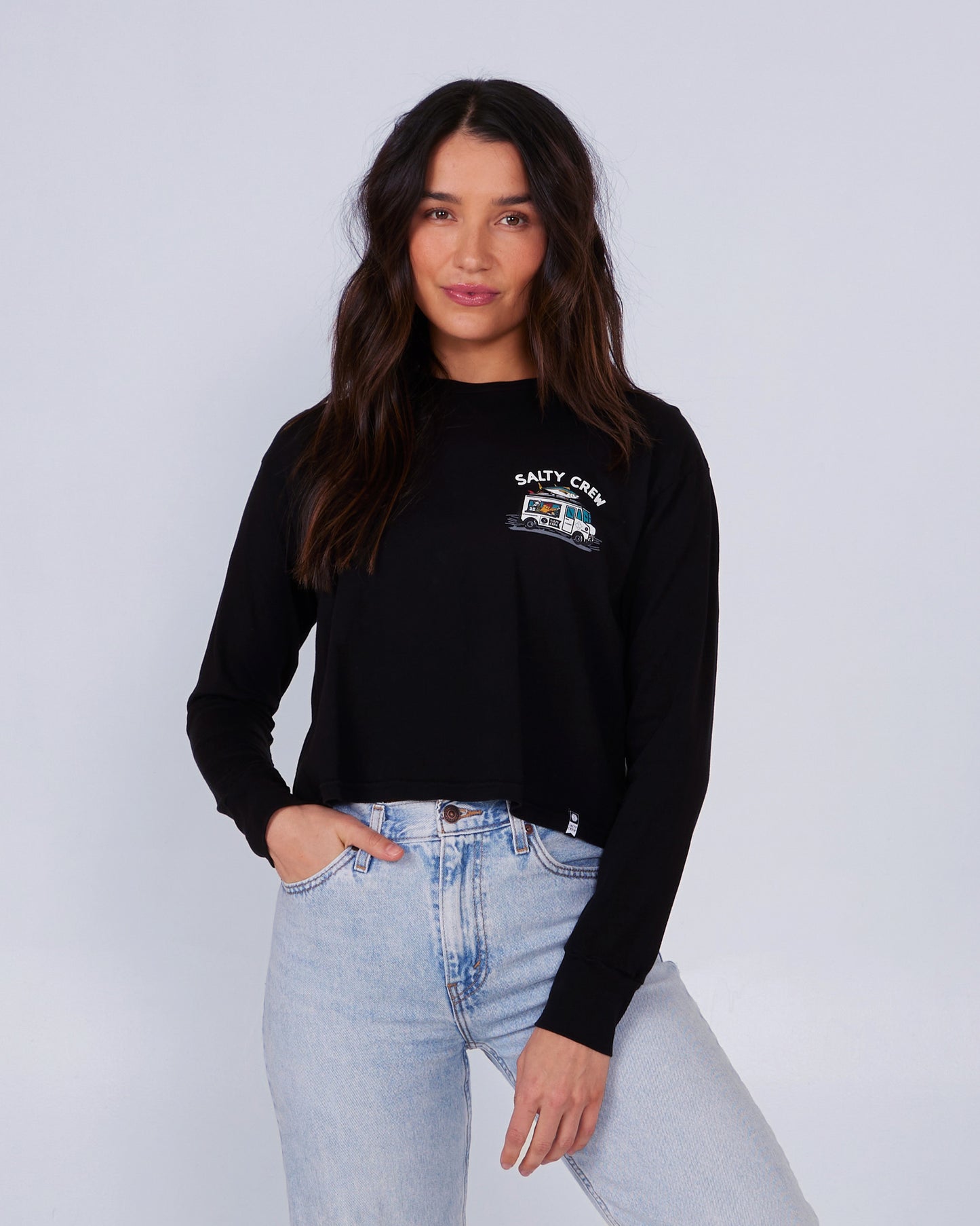 front view of Reels and Meals Black L/S Crop Tee