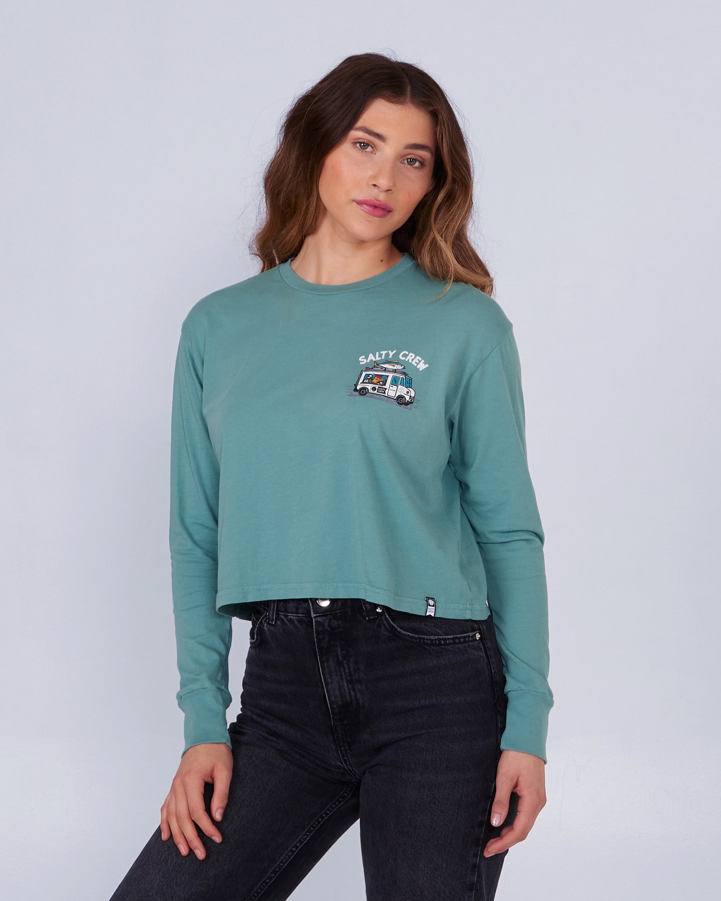 front view of Reels and Meals Dusty Turq L/S Crop Tee