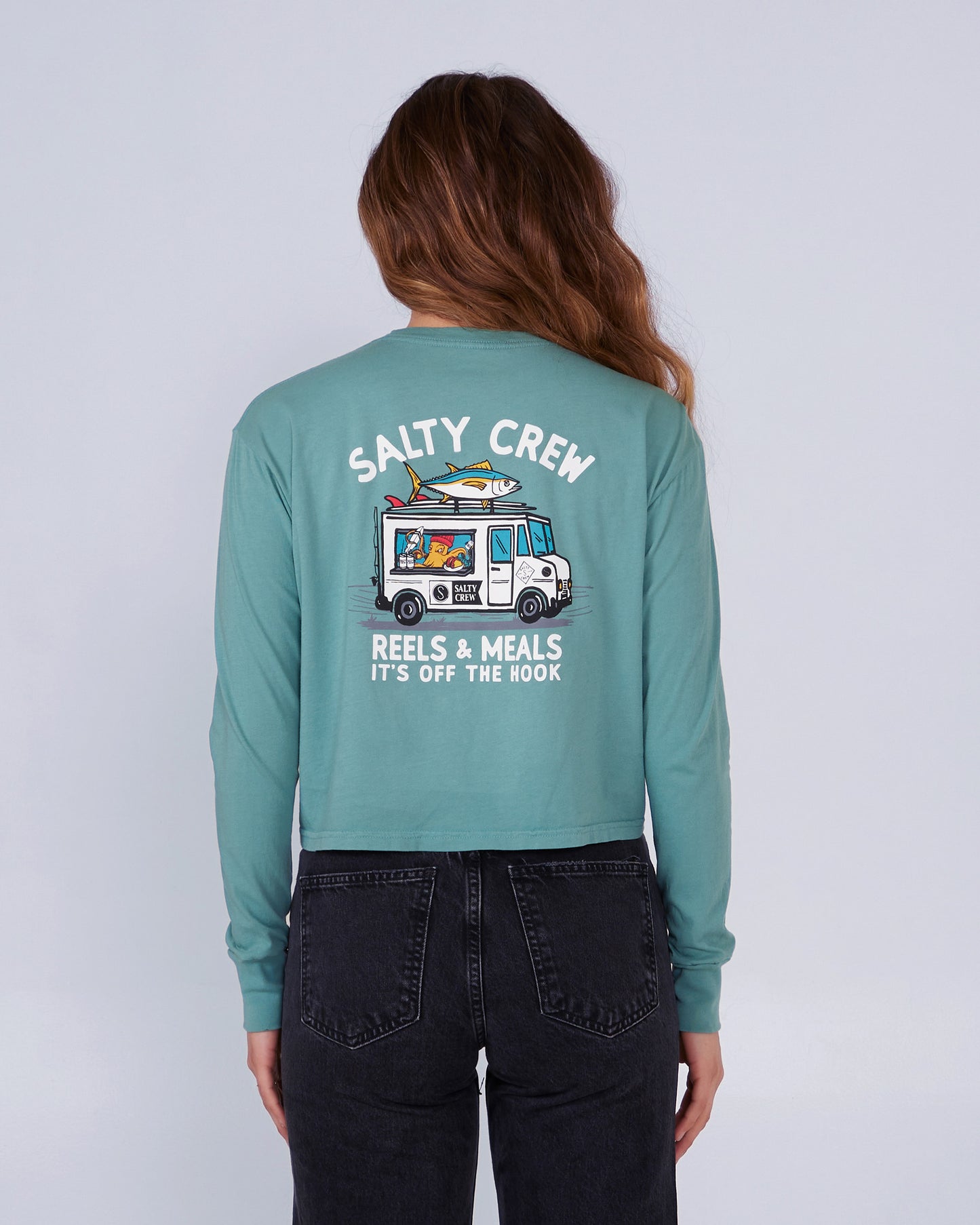 back view of Reels and Meals Dusty Turq L/S Crop Tee
