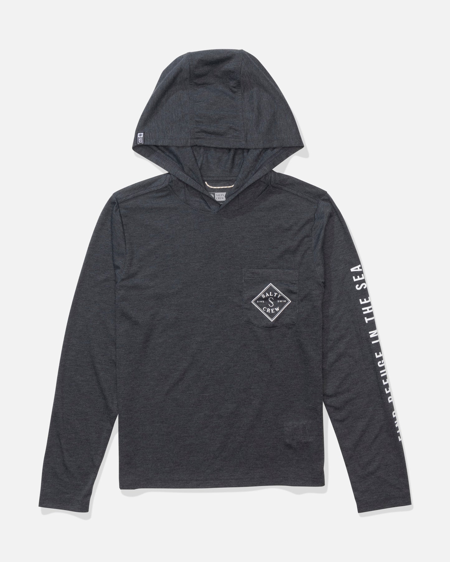 Front view of the Tippet Boys Hood Tech Tee - Black Heather.