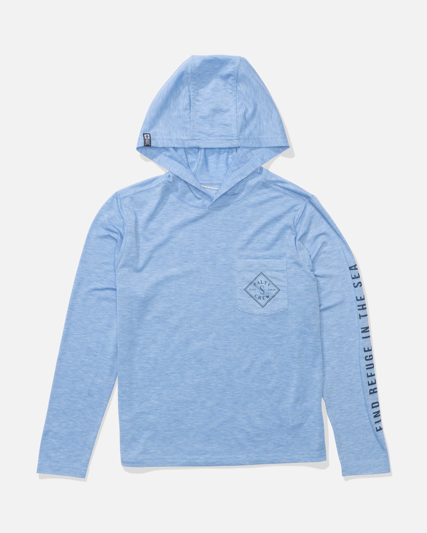 Front view of the Tippet Boys Hood Tech Tee - Blue Heather.