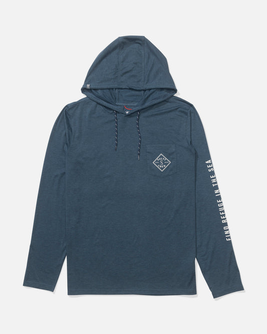 The Salty Crew Tippet Pocket UV Hoodie in Pilot Blue features long sleeves, a white logo, and moisture-wicking fabric for all-day comfort.