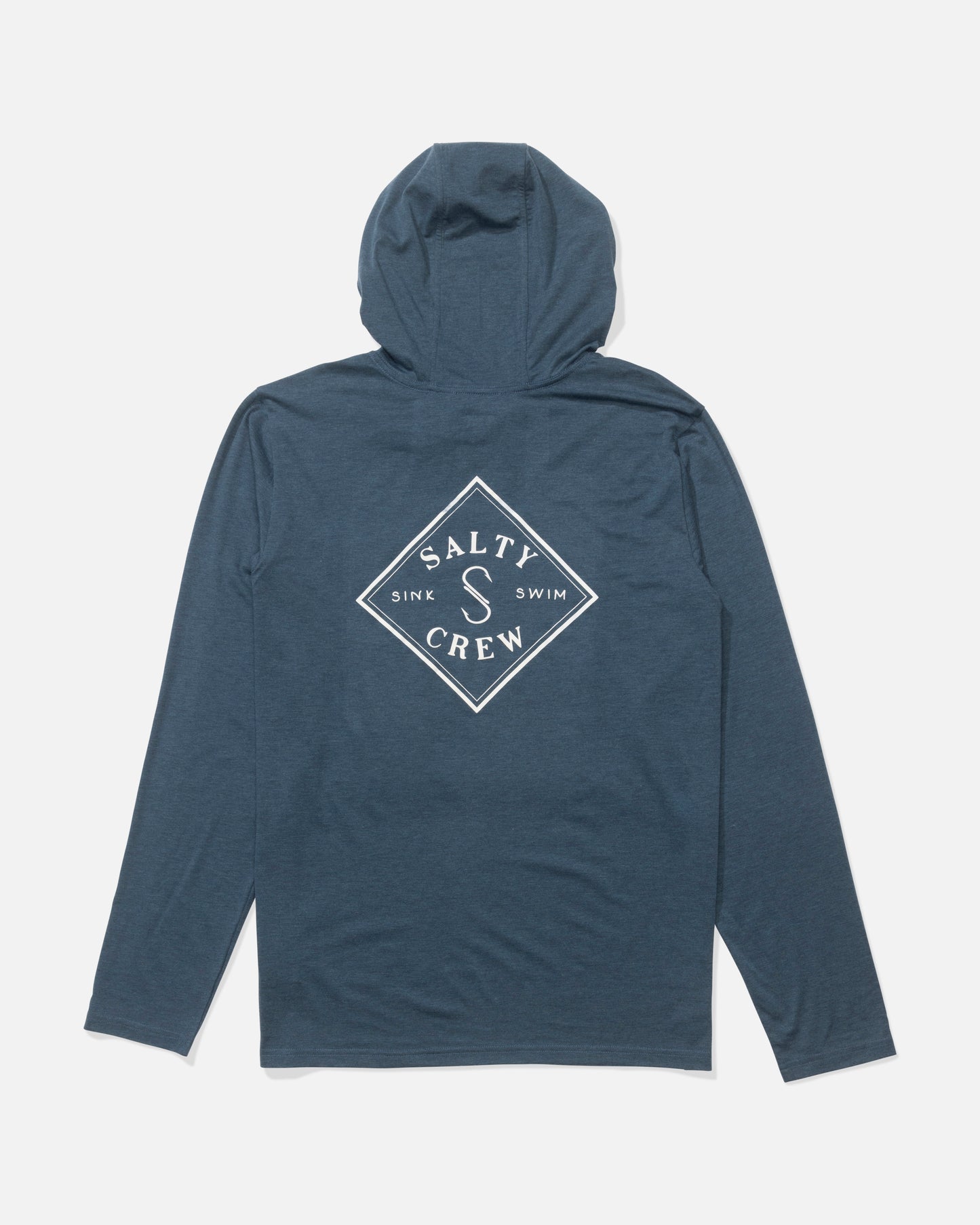 The Salty Crew Tippet Pocket UV Hoodie in Pilot Blue is shown from the back, displaying a white diamond-shaped logo. This long-sleeve offers moisture wicking and UPF 50+ sun protection for all-day outdoor comfort.