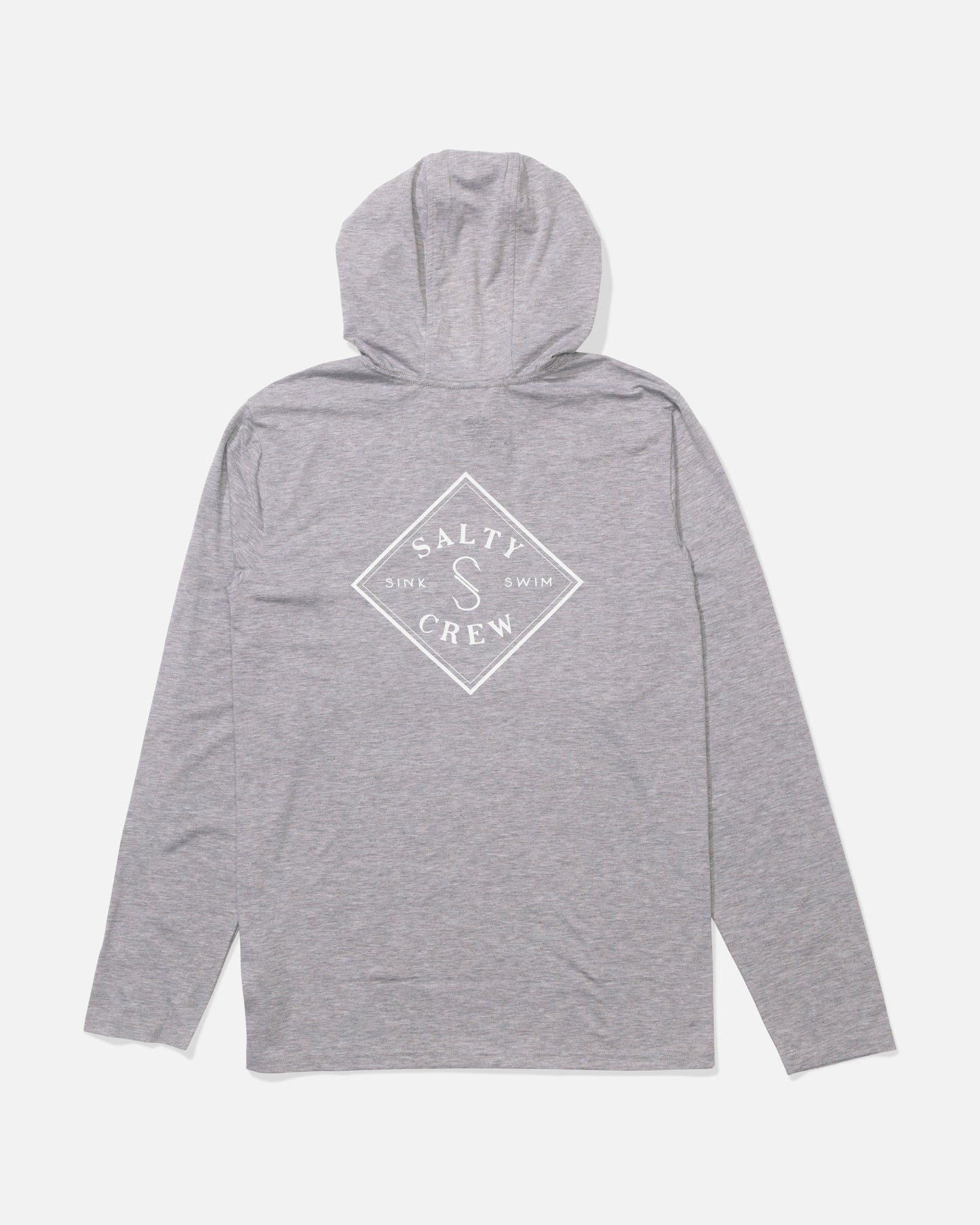 The Salty Crew Tippet Pocket UV Hoodie - Quarry is a light gray technical knit hoodie with long sleeves, moisture-wicking fabric, and a white diamond-shaped "Sink or Swim" logo with a large S on the back.