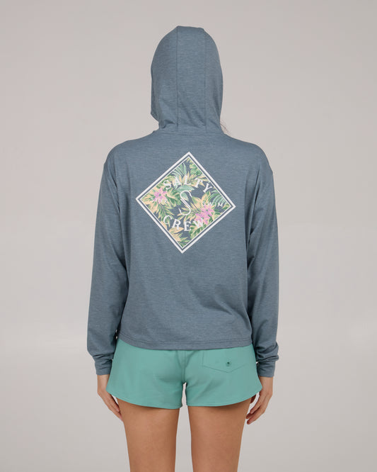 On body back view of Tippet Fill Tech Hoodie - Fin Blue