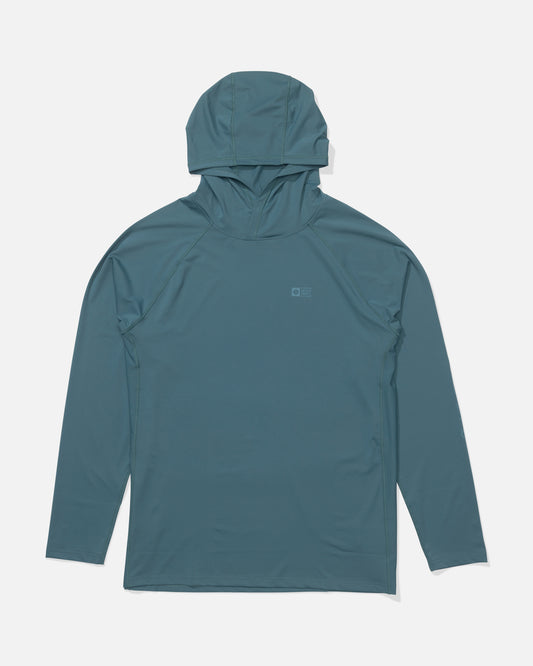 The Salty Crew Apex Perforated Sunshirt - Hydro is a teal, long-sleeve breathable hoodie with a relaxed fit, UPF 50+ sun protection, a subtle chest logo, and no visible buttons or pockets, displayed on a plain white background.