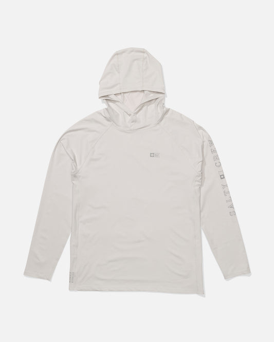 The Apex Perforated Sunshirt in light grey is a long-sleeve hooded top, crafted from breathable perforated fabric, with a small square logo on the chest and SALTY CREW text along the left sleeve, shown laid flat on a white background.