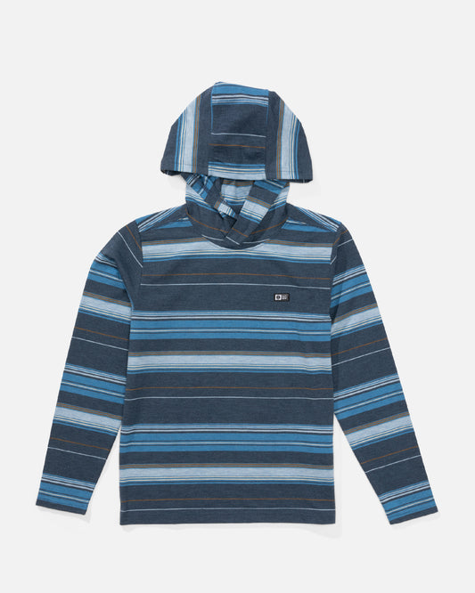 The Salty Crew White Caps Boys UV Hoodie in Midnight Navy features long sleeves, a hood, and horizontal blue and gray stripes. This moisture-wicking shirt is designed for comfort and is displayed flat on a white background.