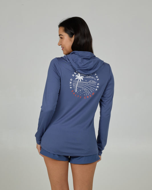 Back view of the Fireworks Sunshirt Hoodie - Indigo.