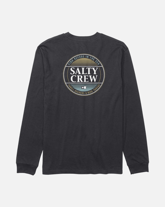 The Salty Crew Simple Fade Boys Long Sleeve Tee in black features a large circular logo on the back with "Find Refuge in the Sea" and "Thrill Seekers & Risk Takers" text, crafted from soft combed ringspun cotton.