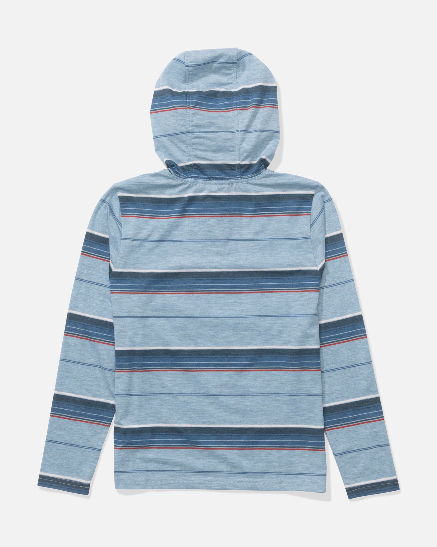 The Salty Crew Seaway Boys UV Hoodie in Mineral Blue features long sleeves, a hood, blue horizontal stripes with thin red lines, and technical knit fabric offering moisture wicking and UPF 50+ protection, shown from the back on a white background.
