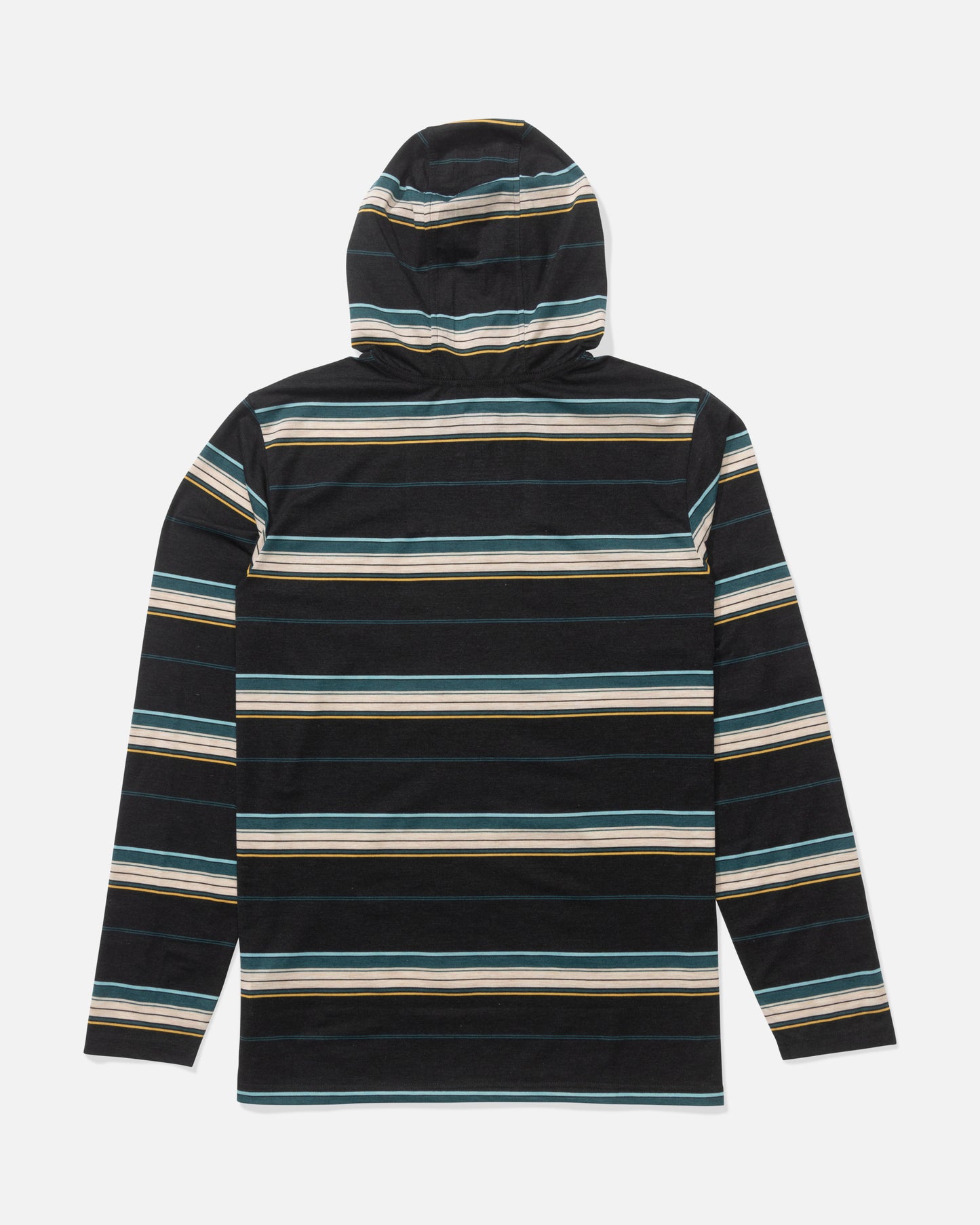 The Salty Crew Seaway UV Hoodie in Black features long sleeves, horizontal stripes in teal, white, and beige, and is crafted from technical knit fabric with UPF 50+ sun protection. Shown laid flat with the back facing up.