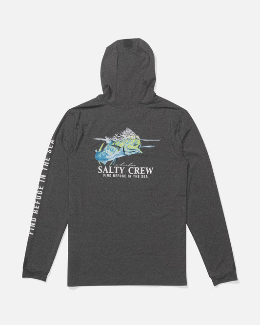 The Salty Crew Surface Hood Sunshirt in Charcoal Heather offers UPF 50+ sun protection, a colorful fish graphic, and features “Find Refuge in the Sea” and Salty Crew text on the back and right sleeve.