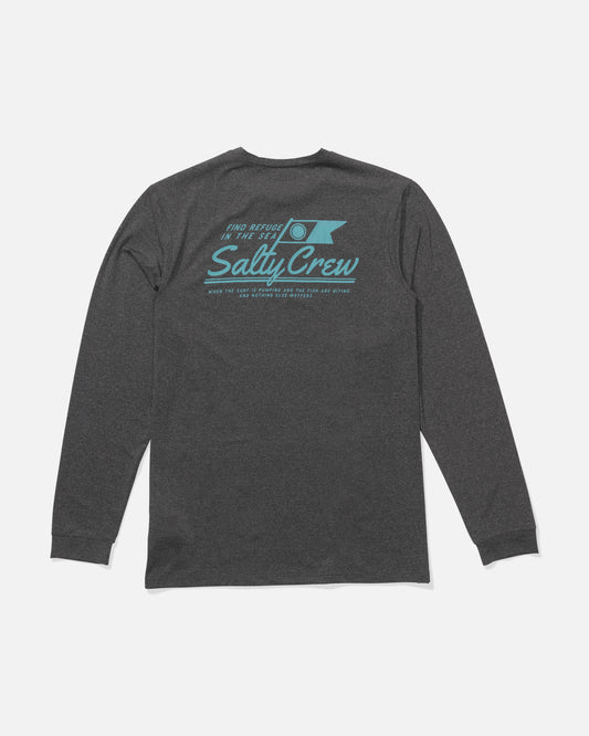 The Salty Crew Original Long Sleeve Sunshirt in Charcoal Heather features light blue back graphics—a flag, “Find refuge in the sea,” and Salty Crew branding—crafted from recycled polyester for comfort and sustainability.