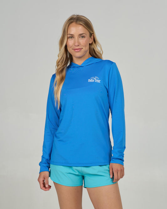 Front view of the Scripted Hooded Sunshirt - Bold Blue.