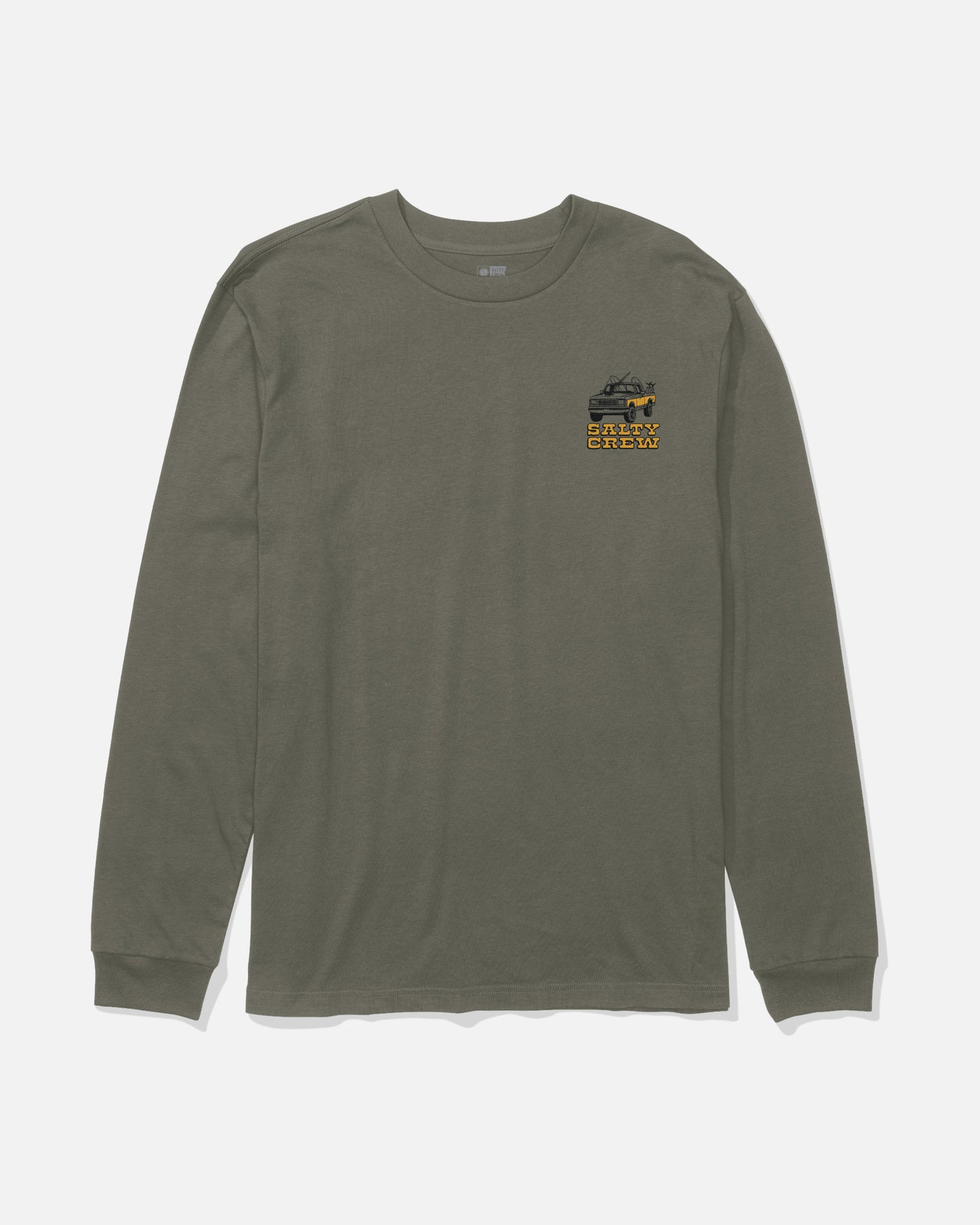 The Salty Crew Truck Stop Boys Long Sleeve Tee in Dusty Olive features soft combed ringspun fabric, a small black graphic with yellow "CREW" text on the upper left chest, and is shown laid flat on a white background.
