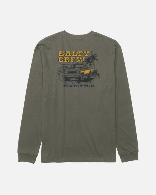 The Salty Crew Truck Stop Boys Long Sleeve Tee in Dusty Olive features a bold graphic, screenprinted on soft combed ringspun fabric for comfort and style.
