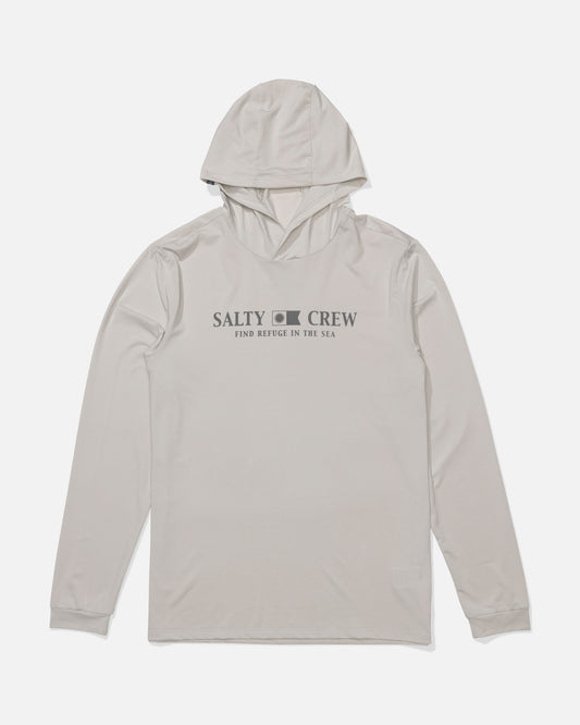 The Salty Crew Flagship Hood Sunshirt in Athletic Heather offers UPF 50+ protection and features "SALTY CREW" and "FIND REFUGE IN THE SEA" printed in black on the chest. Shirt is shown laid flat on a white background.