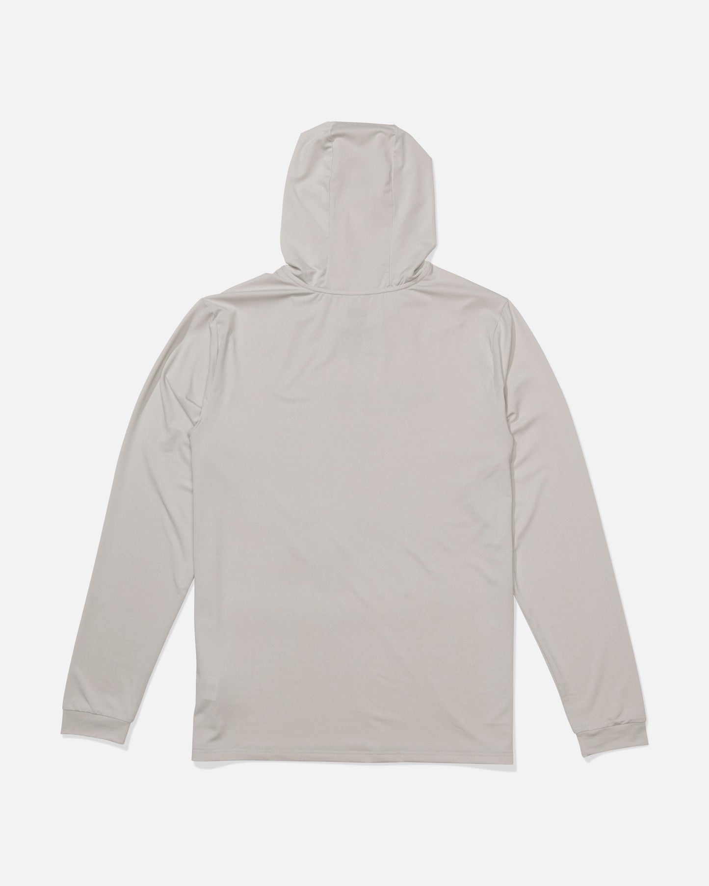 A Salty Crew Flagship Hood Sunshirt in Athletic Heather, featuring UPF 50+ sun protection, is laid flat and viewed from the back to display its hood and minimalist design against a white background.