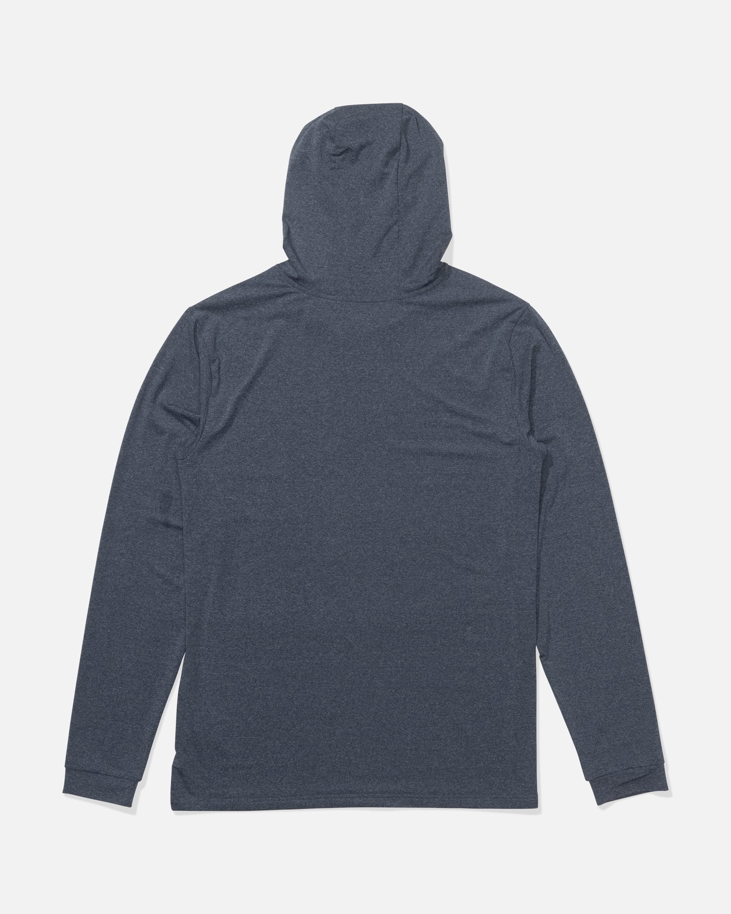 A Salty Crew Flagship Hood Sunshirt in Navy Heather is laid flat, back up on a white background, featuring long sleeves, a hood, and UPF 50+ sun protection for outdoor comfort.