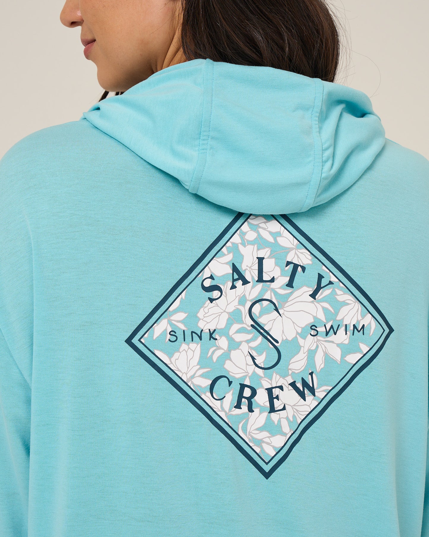 Close up back view of the Tippet Fill Tech Hoody - Aquamarine.