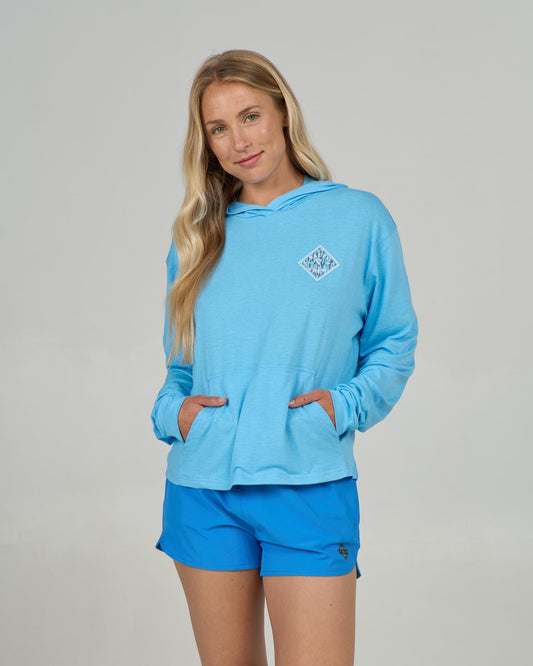 Front view of the Tippet Fill Tech Hoody - Pool Blue.