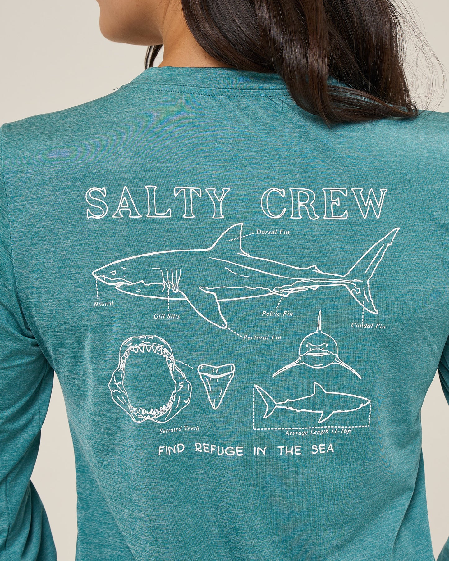 Close up back view of the Shark Anatomy Sunshirt - Teal.