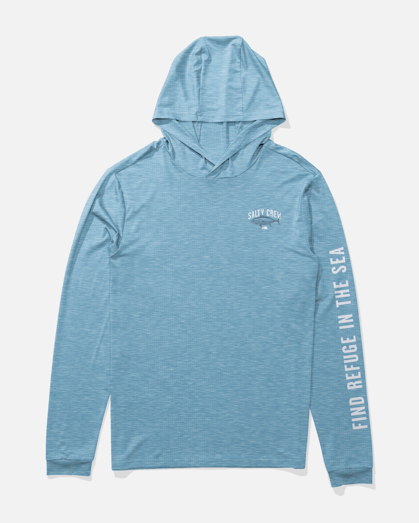 Front view of the Bitmap Boys Hood Sunshirt - Blue Heather.