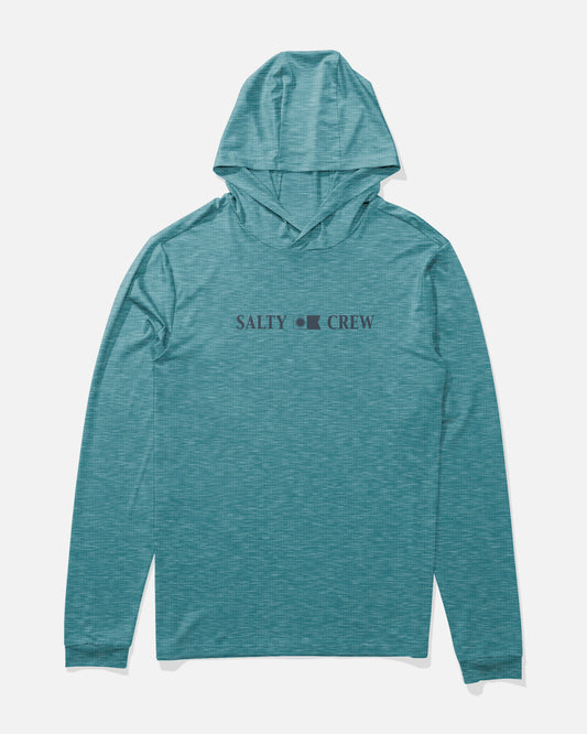 Front view of the Rail Hood Sunshirt - Teal Blue Heather.