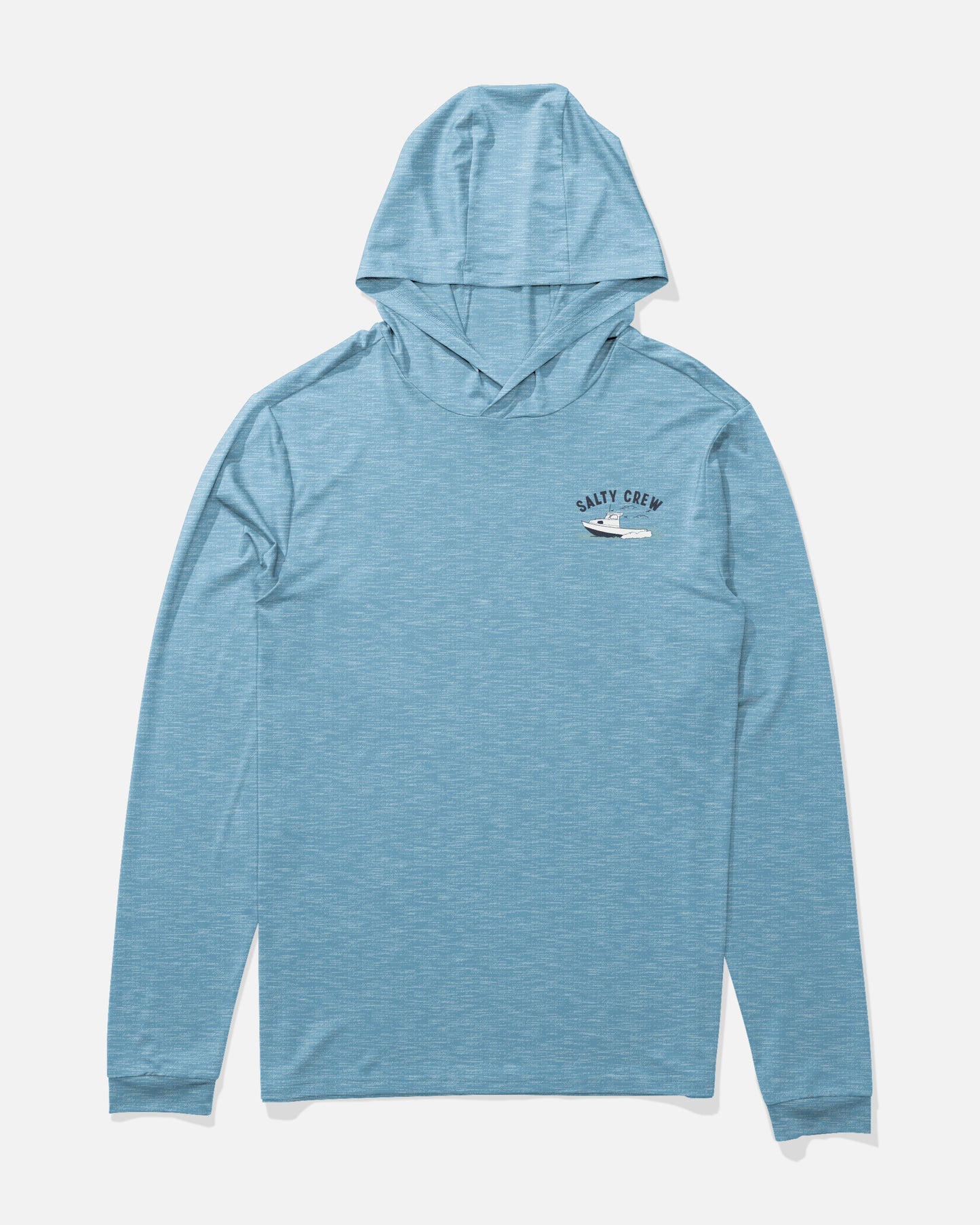 Front view of the Boat Repair Boys Hood Sunshrt - Blue Heather.