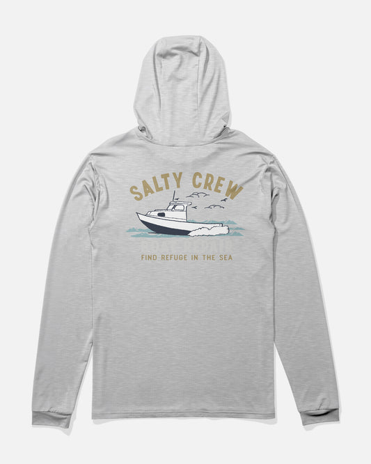 Back view of the Boat Repair Boys Hood Sunshrt - Grey Heather.