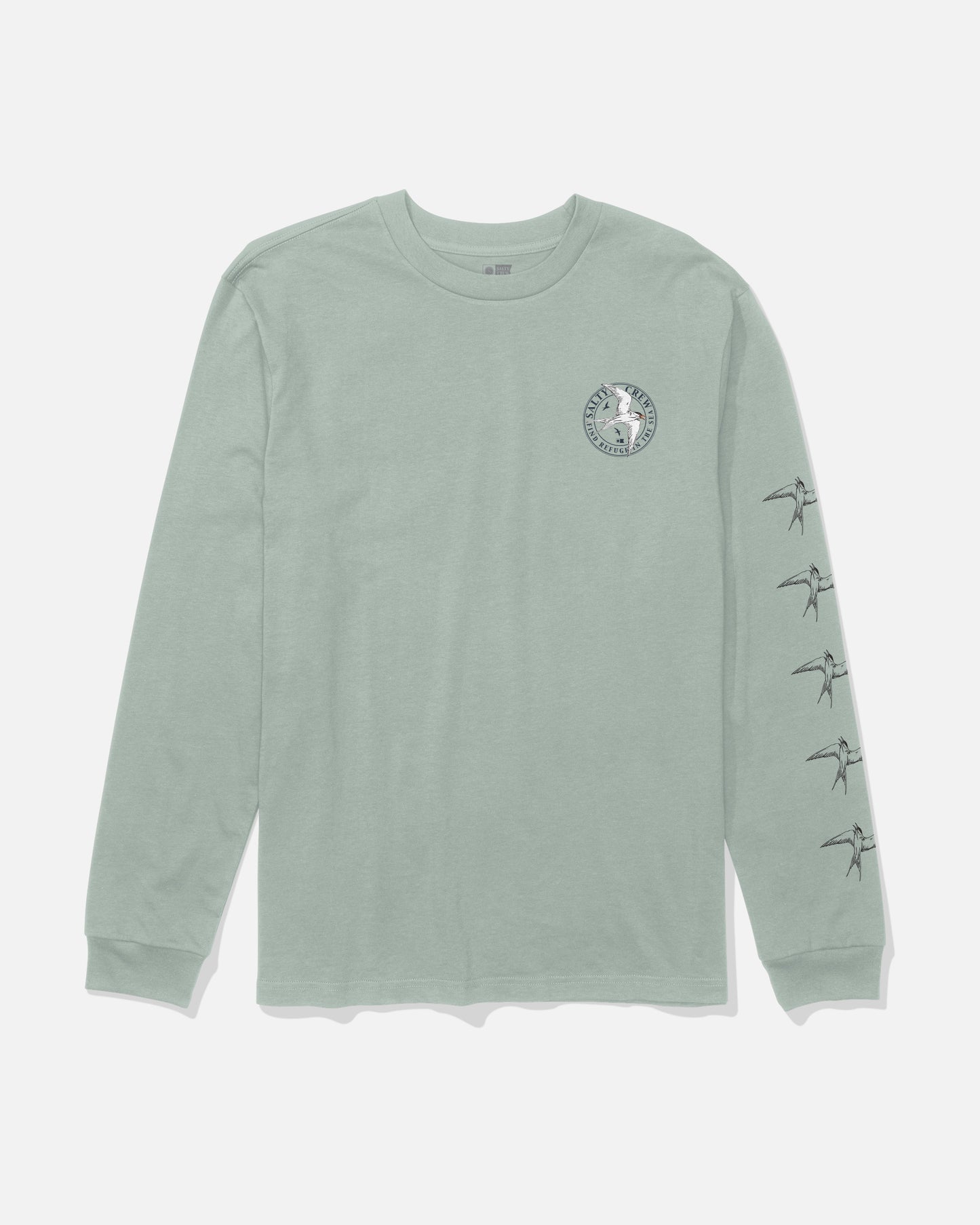 The Salty Crew Tern Long Sleeve Tee in Aqua Grey features a soft, combed ringspun cotton construction for added comfort, a small circular screenprinted logo on the left chest, and five vertically lined-up bird graphics on the right sleeve.